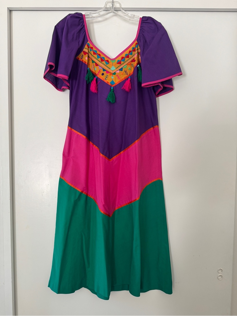 Vintage Colorful Mexican Cotton Colorblock Maxi Dress w/ Tassel Neck